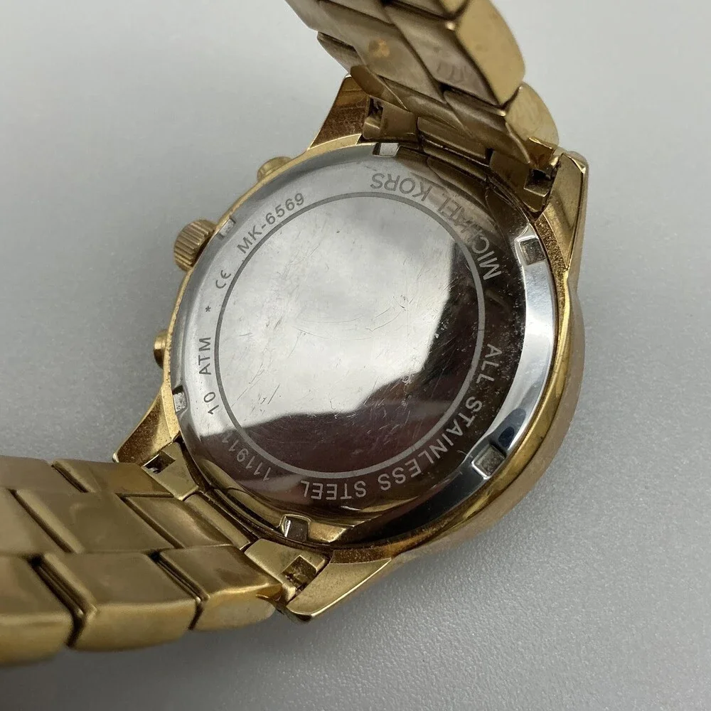 Michael Kors Womens Watch 41mm Gold Tone Chrono Crystals MK6569 New Battery 6.5